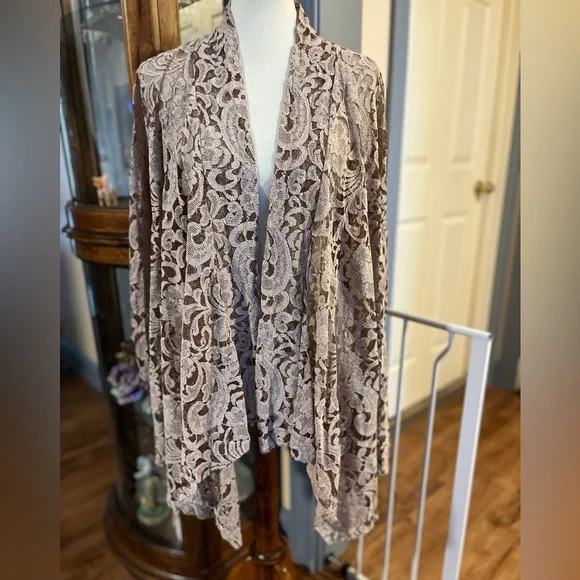 Elegant Stretch Lace Open-Front Sweater-Jacket brown - Picture 1 of 4